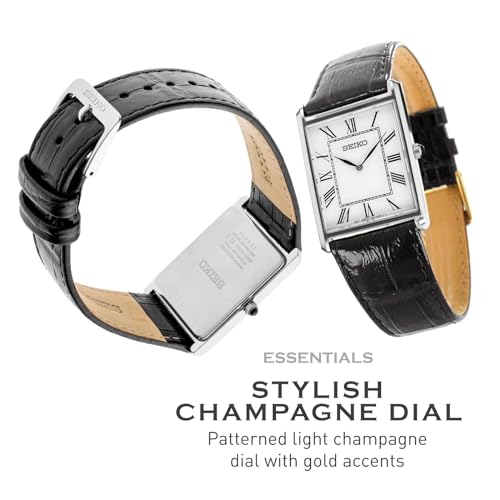 SEIKO Essentials Watch for Men - Essentials - Water Resistant with Stainless Steel Rectangular Case and Leather Strap