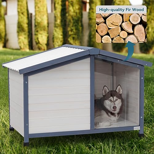 Petsfit Small Dog House, 33" L x 22.5" W x 25.2" H Waterproof PVC Roof Dog House for Small Dogs,Small Dog House with Adjustable Foot Mat and Door Flap, White