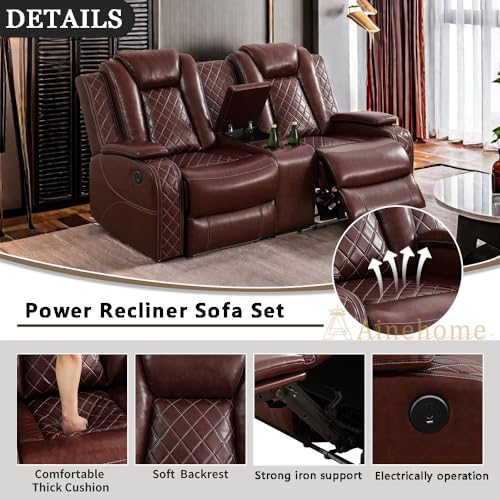 A Ainehome Leather Power Recliner Sofa Set,Leather Sofa Set Reclining Couch with Wireless Charger and Loveseat Theater Seating,Home Electric Recliner Chair with LED Light,Brown