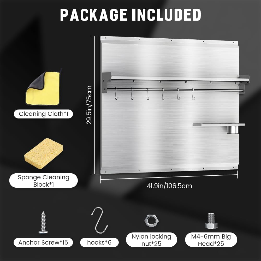 Range Backsplash, 42"x 30" Stainless Steel Backsplash,Easy Clean And Installation with Storage Shelf & Hanging Rack,Range Hood Stainless Steel Backsplash for Stove
