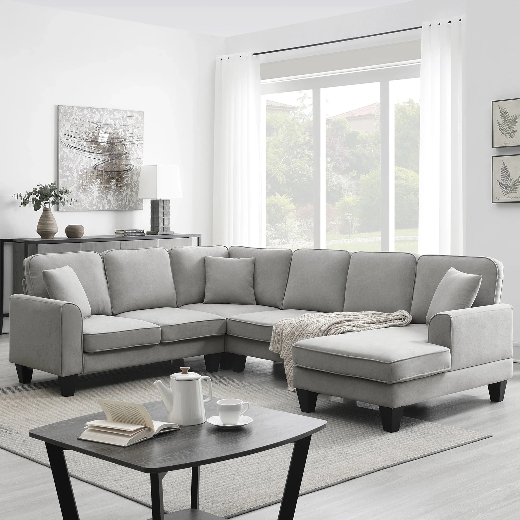 Modern U Shape Sectional Sofa, 7 Seat Fabric Sectional Sofa Set with 3 Pillows Included