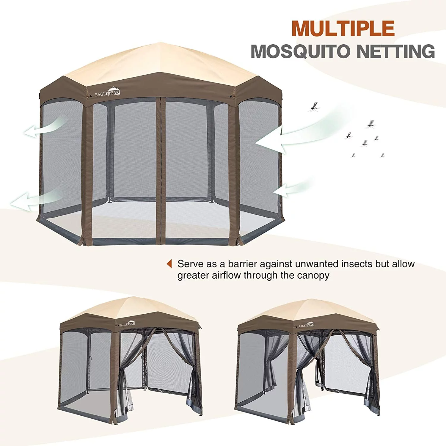EAGLE PEAK Pop-Up Camping 6 Sided (6x6x6) Gazebo w/ Mosquito Netting Easy Center Push Canopy Shelter Instant Setup Outdoor Screen Tent (Brown)