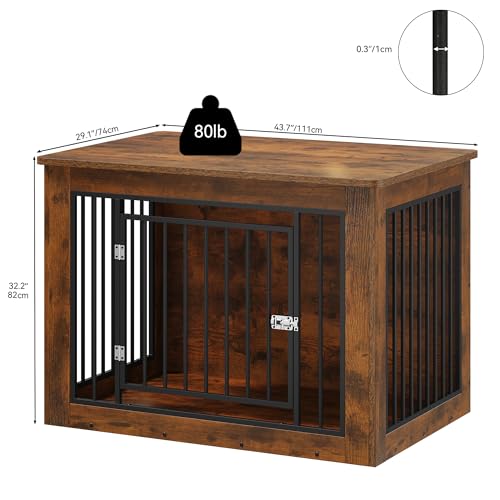 YITAHOME Dog Crate Furniture for Large Dogs, Side End Table, Modern Dogs Kennel Indoor up to 60 lb, 2-in-1 Iron-Wood Fusion Dog Cage with Waterproof Top, Safety Corners, Steel Lock,38"L, Rustic Brown