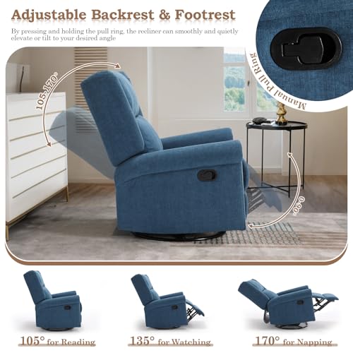 Manual Swivel Rocking Recliner for Adults, 360 Swivel Glider Rocker Chair with Adjustable Backrest & Footrest, Manual Reclining Lounge Sofa Chair for Living Room Bedroom, Home Theater Small Space