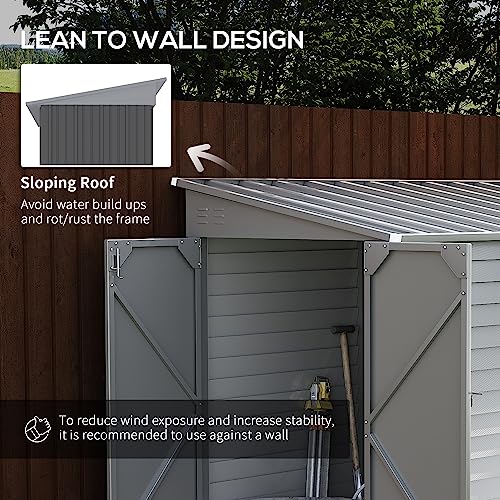 Outsunny 4.6' x 9' Steel Outdoor Storage Shed, Lean to Shed, Metal Tool House with Foundation Kit, Lockable Doors, Gloves and 2 Air Vents for Backyard, Patio, Lawn, Gray