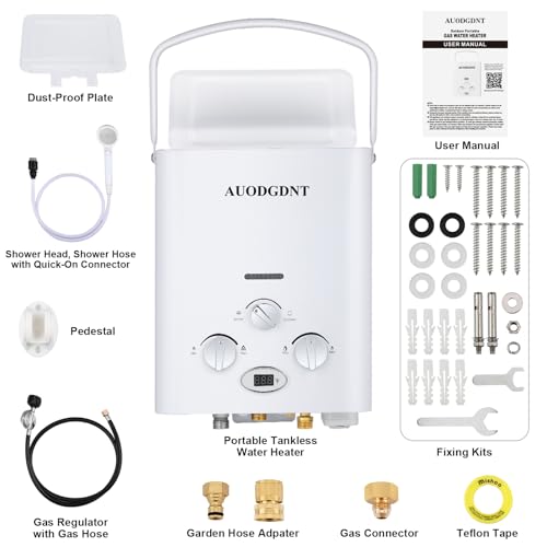 Portable Propane Tankless Water Heater 1.58 GPM, Lightweight Instant Hot Water Heater with LED Display and 3-Mode Shower Head, Suitable for RV Camping Shower, 6L