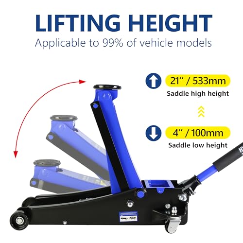 3 Ton Floor Jack, Hydraulic Low Profile Quick Rise Floor Jack with Dual Pump Pistons, Heavy Duty Steel Service Jack Hydraulic Car Jack, 6000 lbs Capacity, Lifting Range 3.3"-18.5"