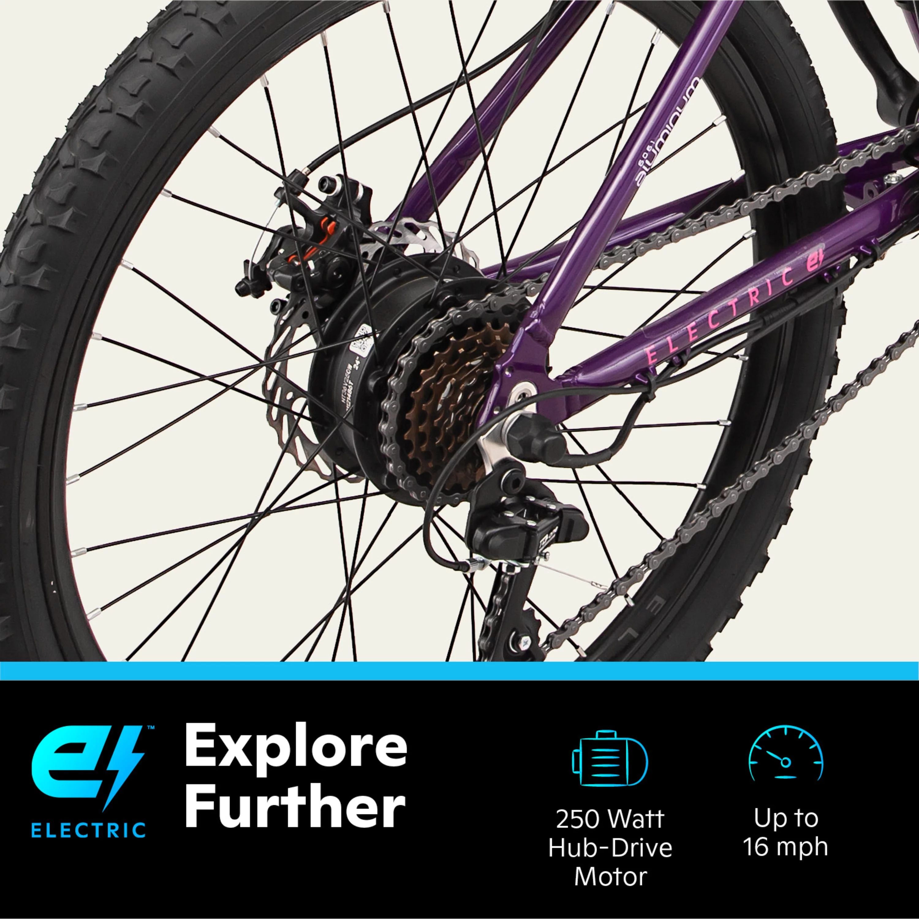 Schwinn 24" Boundary Electric Mountain Bike for Adults, 7 Speeds, 250w Ebike Motor, Purple