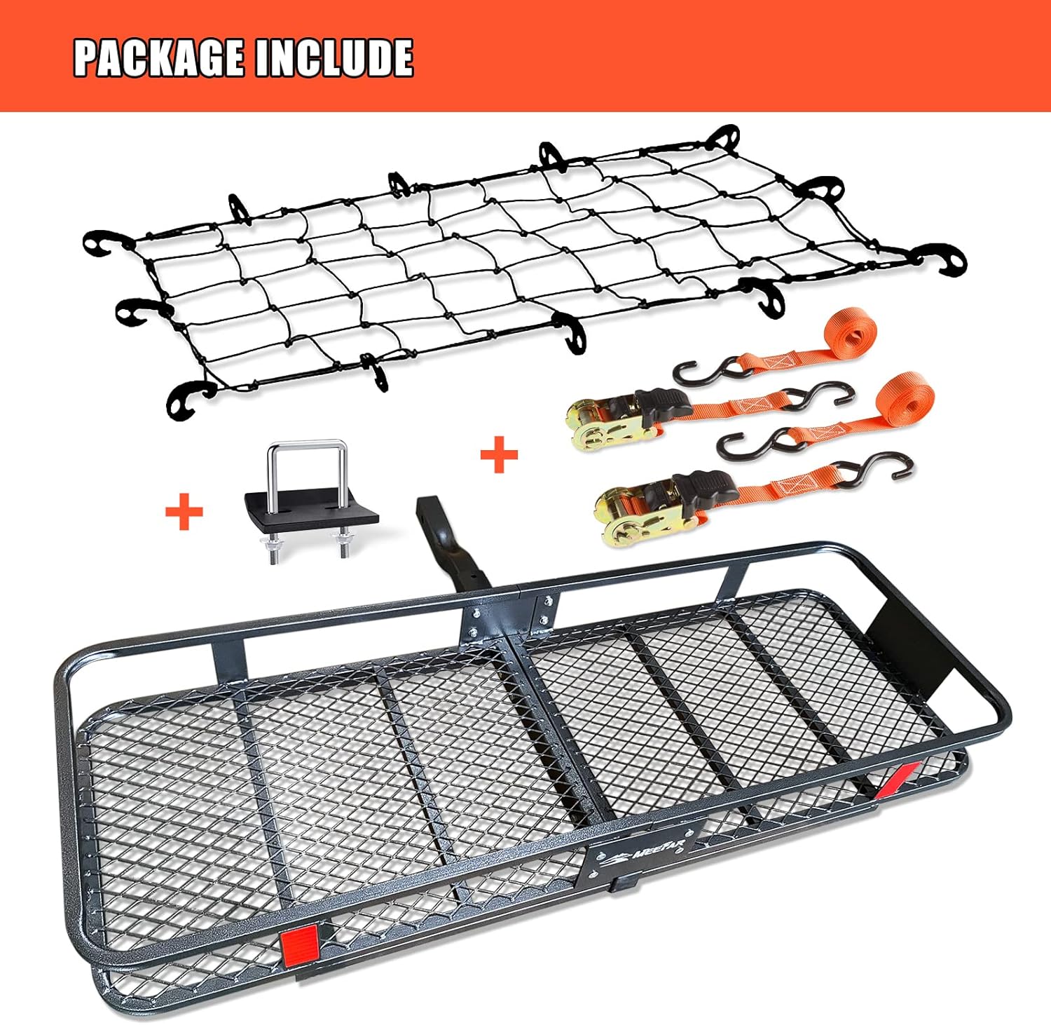 MeeFar Folding Hitch Mount Cargo Carrier Basket 60" X 20" X 6", Hauling Weight Capacity of 500 Lbs and A Folding Arm. with Hitch Stabilizer, Net and Straps