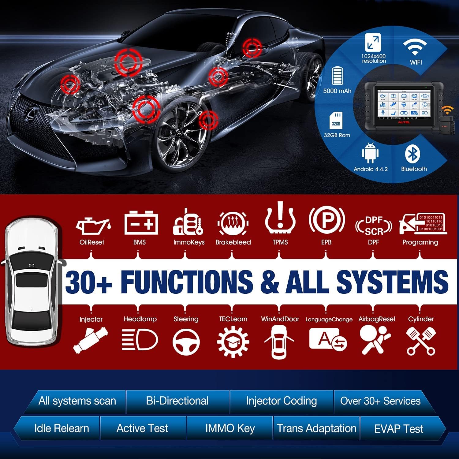 Autel Scanner MaxiPRO MP808BT Pro【with $150 Adaptor kit】, 2022 Newest Car Diagnostic Scan Tool with Advanced Bi-Directional Control, All Systems Diagnosis, 30+ Service, Upgraded of MS906 MP808 DS808