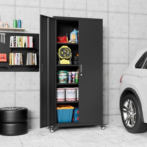 73" H Metal Storage Cabinet with Wheels, Garage Storage Cabinet with 4 Adjustable Shelves and Lockable Doors for Garage Home Office Utility Room,Required Assembly,Black