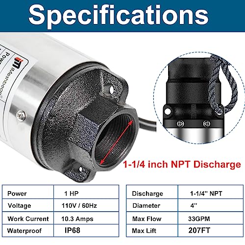 Deep Well Submersible Pump,1 hp, 115V, 60 Hz, 33 GPM, 207' Head, Stainless Steel, 4", 33 Feet Electric Cord, Long Life M#05
