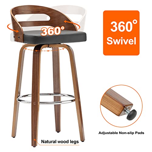 Bar Stools Set of 2, Swivel Bar Height Stools with Low Back, Wood Bar Chairs with Soft Cushion Seat, 24.6-Inch Seat Height (Black-1, 26" Counter Height)