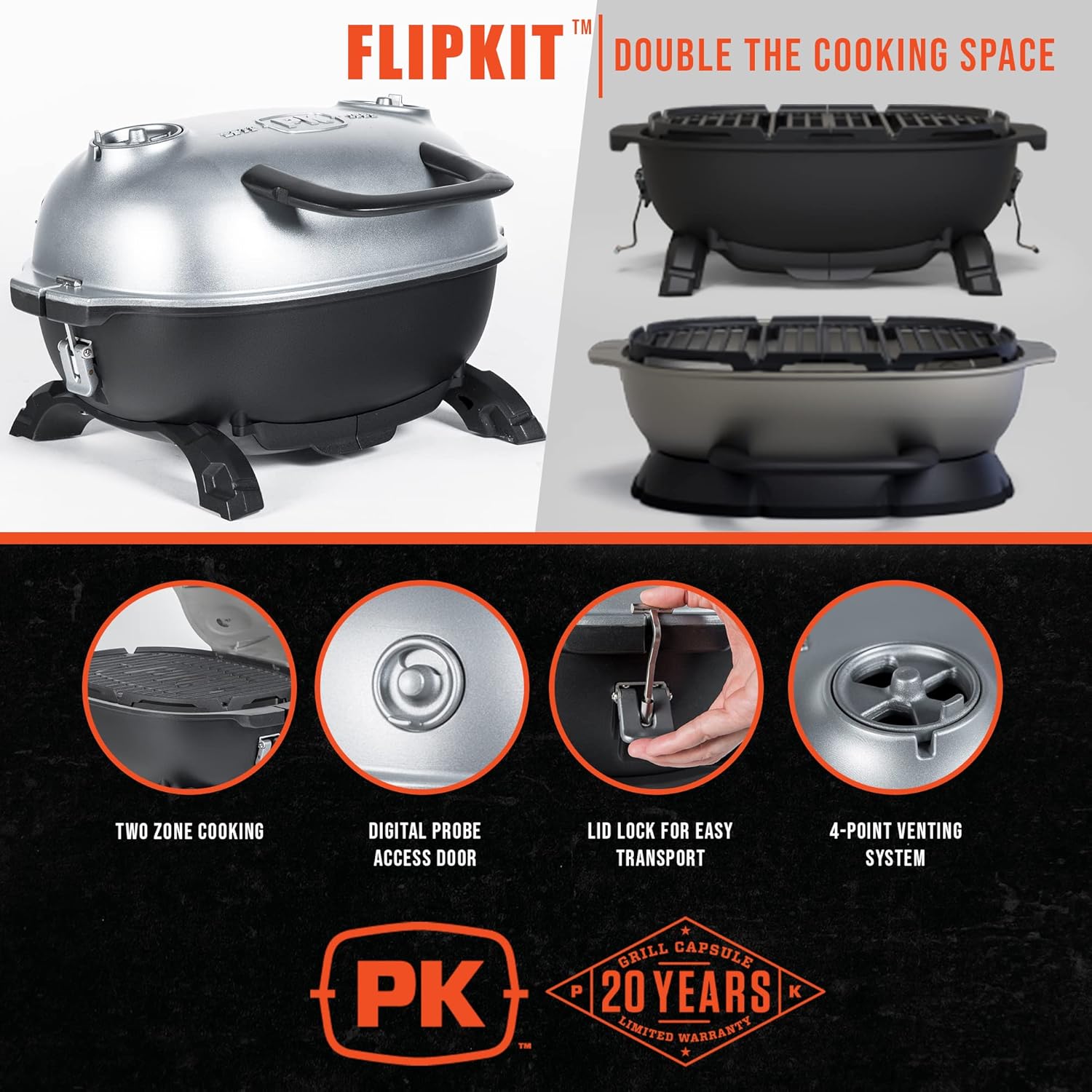 PK Grills PKGO Portable Charcoal BBQ Grill and Smoker with Lid, Cast Iron Aluminum Outdoor Kitchen Cooking Mini Barbecue Grills for Camping, Grilling, Tailgating, Grey PK PK200-SFL