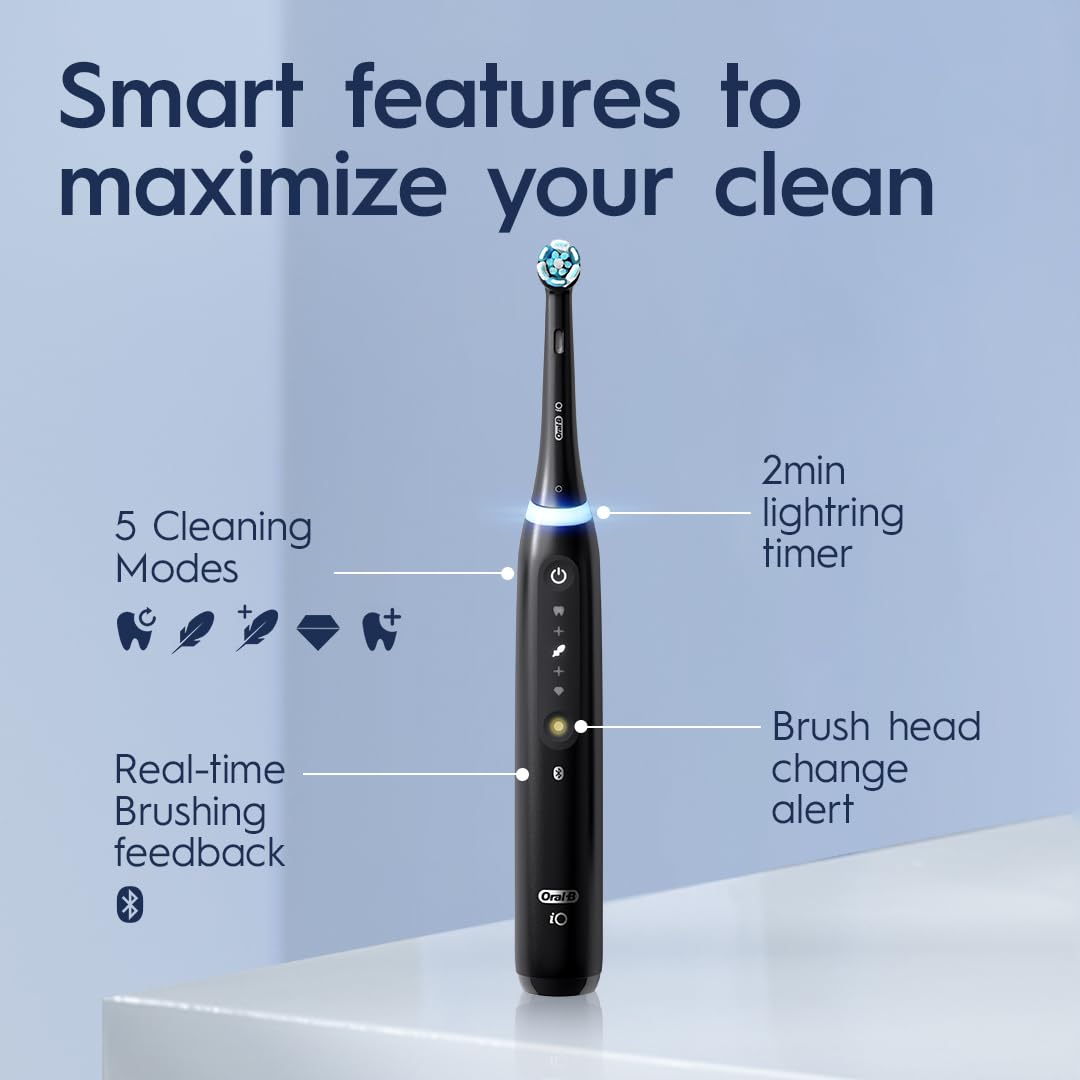 Oral-B iO Series 5 Rechargeable Electric Toothbrush with Visible Pressure Sensor to Protect Gums, 2 Minute Timer, 5 Cleaning Settings, 1 Replacement Toothbrush Heads, and Travel Case, White