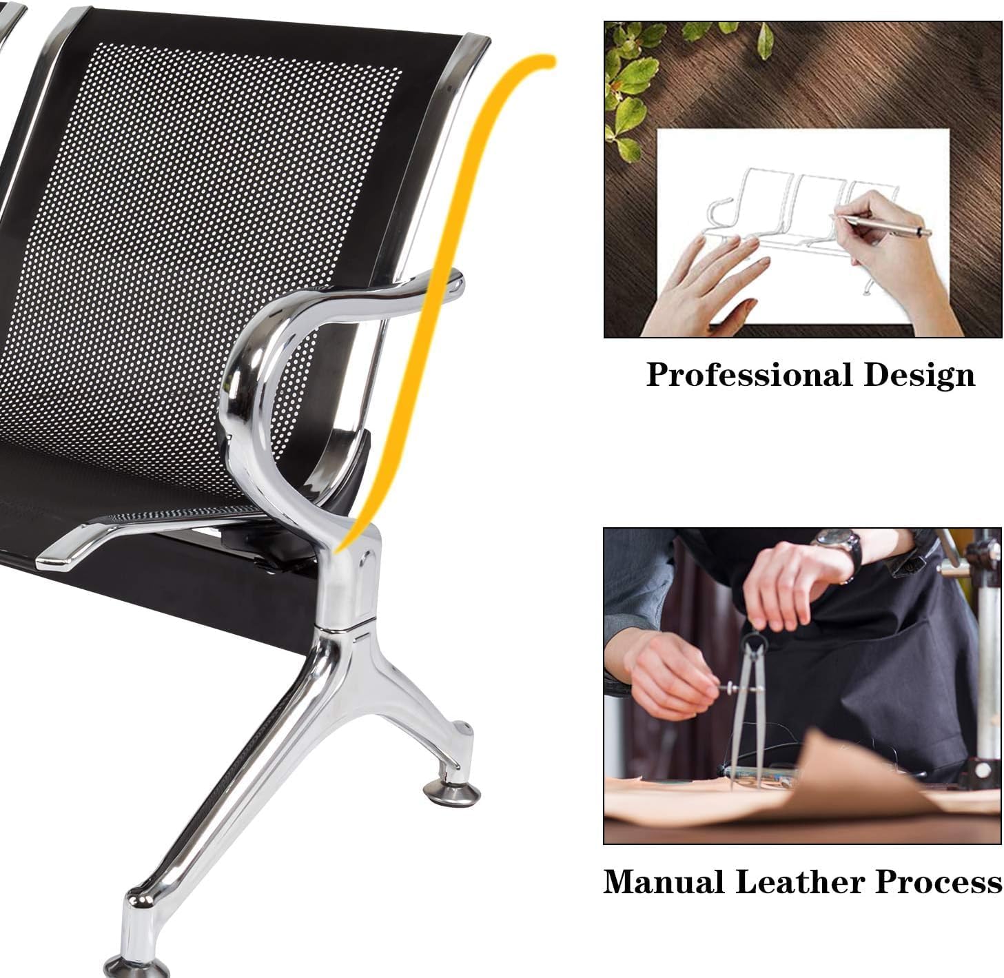 Kinsuite Waiting Room Chairs with Arms - 3-Seat Waiting Room Bench Airport Reception Bench, Lobby Bench Seating Office Bench Waiting Area Chairs for Airport Business Hospital Market, Black