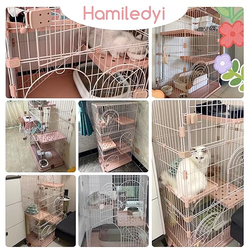 Hamiledyi Indoor Cat Cage 52 Inches Cat Villa Large Pet Crate with 3 Platforms and 1 Ramp Ladders Metal Cat Playpen with 3 Doors Outdoor Cat Enclosures Kitten Cage for Small and Medium Pets (Pink)