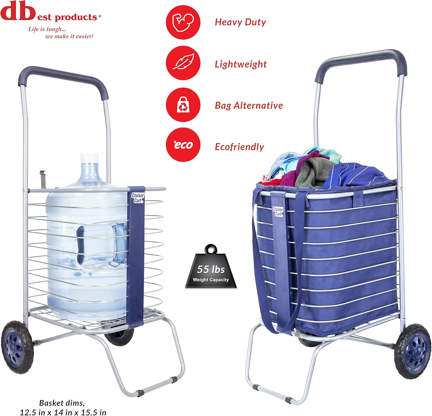 dbest products Cruiser Cart with Bag Bundle Shopping Cover Grocery Rolling Folding Laundry Basket on Wheels Foldable Utility Trolley Compact Lightweight Collapsible, Navy