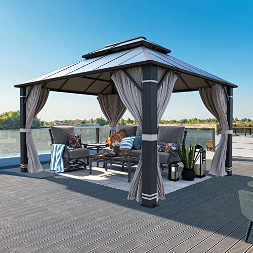 YOLENY 10' x 12' Hardtop Gazebo, Wood-Looking Gazebo with Galvanized Steel Double Roof, Aluminum Frame, Permanent Metal Pavilion with Netting and Curtains for Deck, Backyard, Patio and Lawns