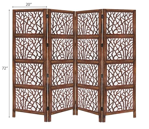 Room Divider Wood Screen - Ghanti Bells Antique Brown - 4 Panel Folding 72 x 80 - Assembled Hand Carved Decorative Functional Versatile Portable Partition Reversible Privacy Boho - COTTON CRAFT