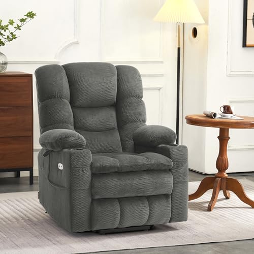 MCombo Large Triple Motor Power Lift Recliner Chair with Massage and Dual Heating, Adjustable Headrest for Tall Elderly People, Fabric 7634 (Grey, Large)