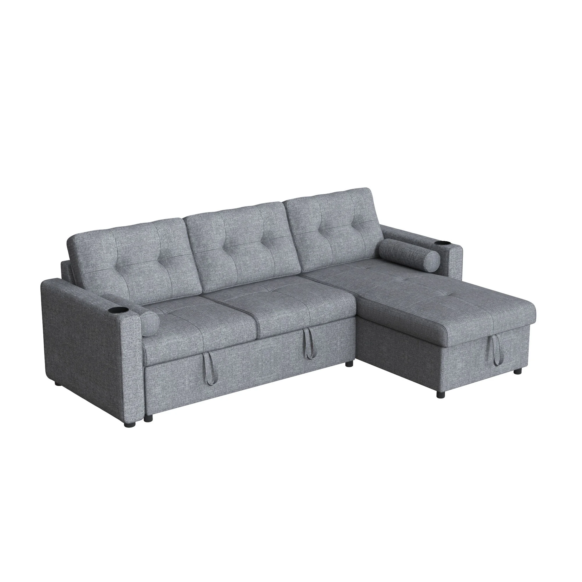 Soges Pull Out Sofa Bed L Shape Sofa with Storage Chaise, 3 Seater Sofa Bed with Cup Holders, Linen Fabric Couch for Living Room, 2 Pillows, Gray
