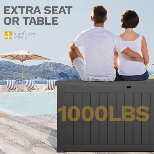 DWVO 120 Gallon Outdoor Storage Box, Large Lockable Resin Deck Box, Water Resistant Patio Storage Box for Tools, Cushions, Supplies - Black