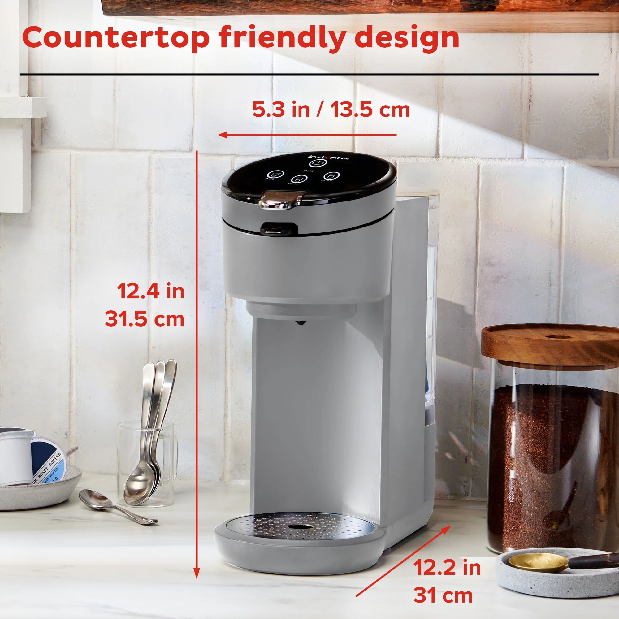 Instant Solo 2-in-1 Single Serve Coffee Maker for Ground Coffee or K-Cup Pods with 3 Brew Sizes, Maroon Red