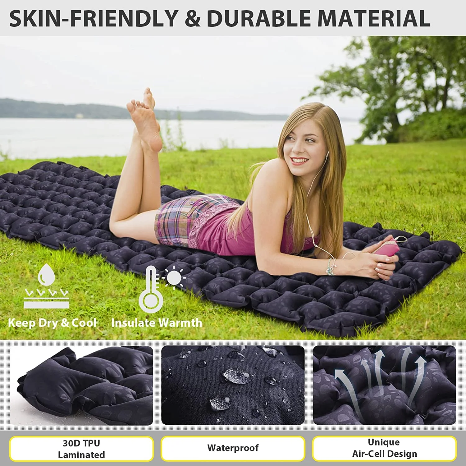 Beyondhome Sleeping Pad, 74.5"L x 23"W x 2.1"H One Person Camping Mattress for Backpacking, Hiking- Navy Blue
