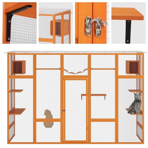 COZIWOW Catio Outdoor Cat Enclosure Window Catios for Indoor Cats Outside Patio Wooden Cattery with Large Door, Walks, Waterproof Roof, Resting Box, 104" L Extra Wide, Orange