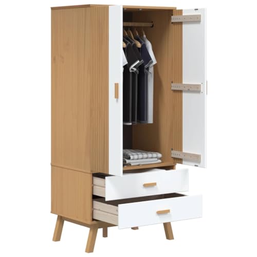 Wood Wardrobe Closet, Bedroom Armoire Closet, Solid Wood Wardrobe Armoire Closet Storage Cabinet with 2 Drawers and 1 Large Compartment, Gray and Brown 30.1"x20.9"x67.7"