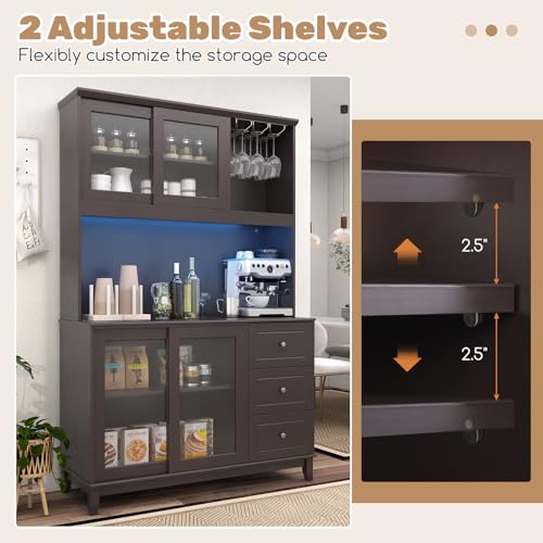 Giantex 73" Kitchen Pantry Storage Cabinet, Hutch Cabinet with LED Lights & Power Outlet, Kitchen Buffet Cabinet w/Wine Glass Racks, Countertop, Adjustable Shelves, Drawers for Dining Room (Espresso)
