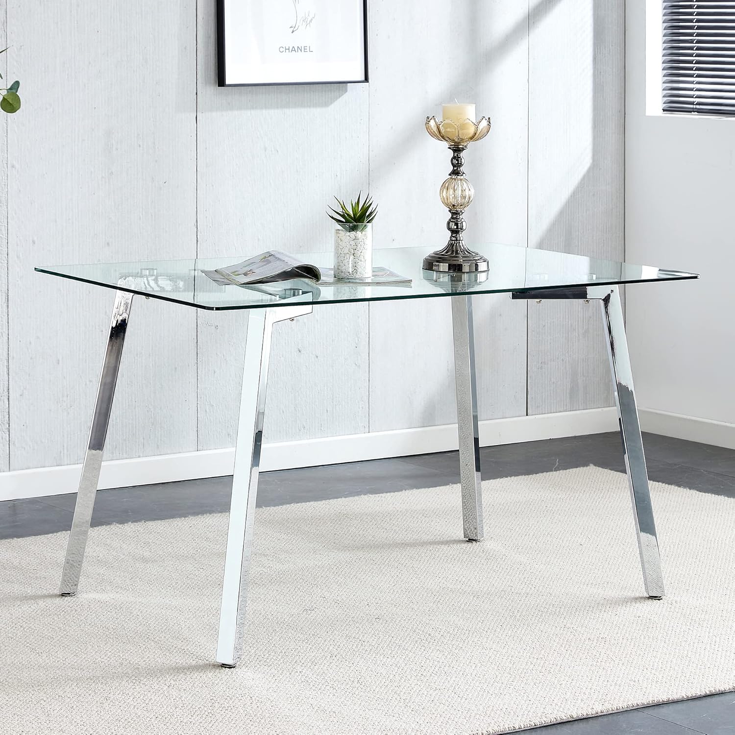Modern Minimalist Rectangular Glass Dining Table | 0.31" Tempered Glass Top | Silver Metal Legs | Versatile Writing Desk | Easy Assembly