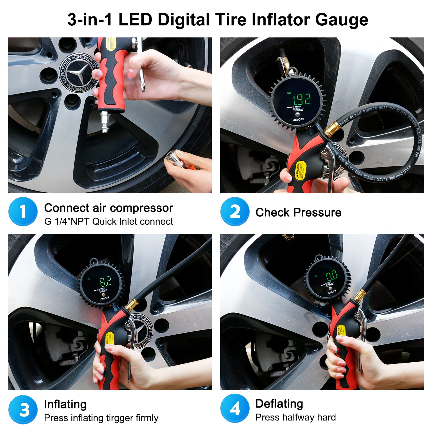 Digital Tire Inflator with Pressure Gauge, 255PSI Air Chuck LCD Display 0.1 Resolution Tire Pressure Gauge, Heavy Duty Air Compressor Accessories with Rubber Hose and Quick Connect Coupler Men Gift Pack of 2