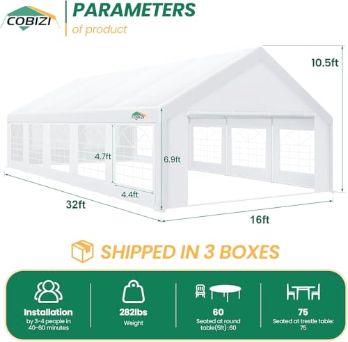 COBIZI 20x40 Party Tent Heavy Duty, Galvanized Wedding Tent, Event Shelter for Parties, Outdoor with Removable Sidewall & Built-in Sandbag, Carpas para Fiestas, Large Canopy, Waterproof, White