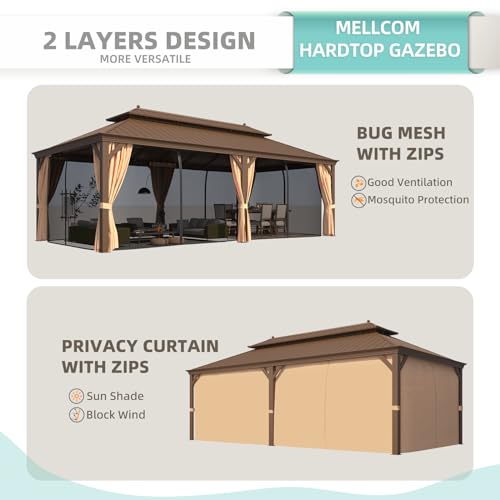 MELLCOM 12'x16' Hardtop Gazebo, Galvanized Steel Metal Double Roof Canopy with Curtains and Netting, Brown Permanent Pavilion Gazebos with Aluminum Frame for Garden, Patio, Lawns, Deck