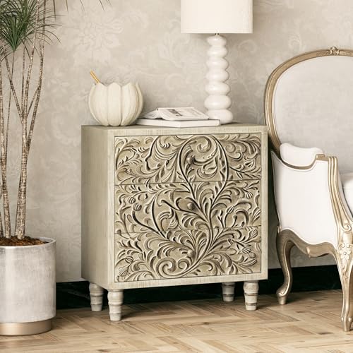 LONYKE 3 Drawer Farmhouse Dresser with Embossed Weathered Flower Motif, Vintage Nightstand for Bedroom, Fully-Assembled, Boho, Weathered White, 25''W*11.81''D*27.36''H