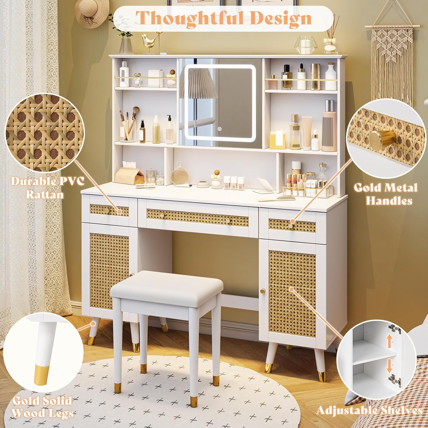 AMERLIFE 47in Rattan Makeup Vanity Desk with Mirror and Lights, Modern Big Vanity Table with Drawers & Shelves, Boho Vanity Set with Rattan Door Cabinets for Women, Bedroom, Stool Included, White