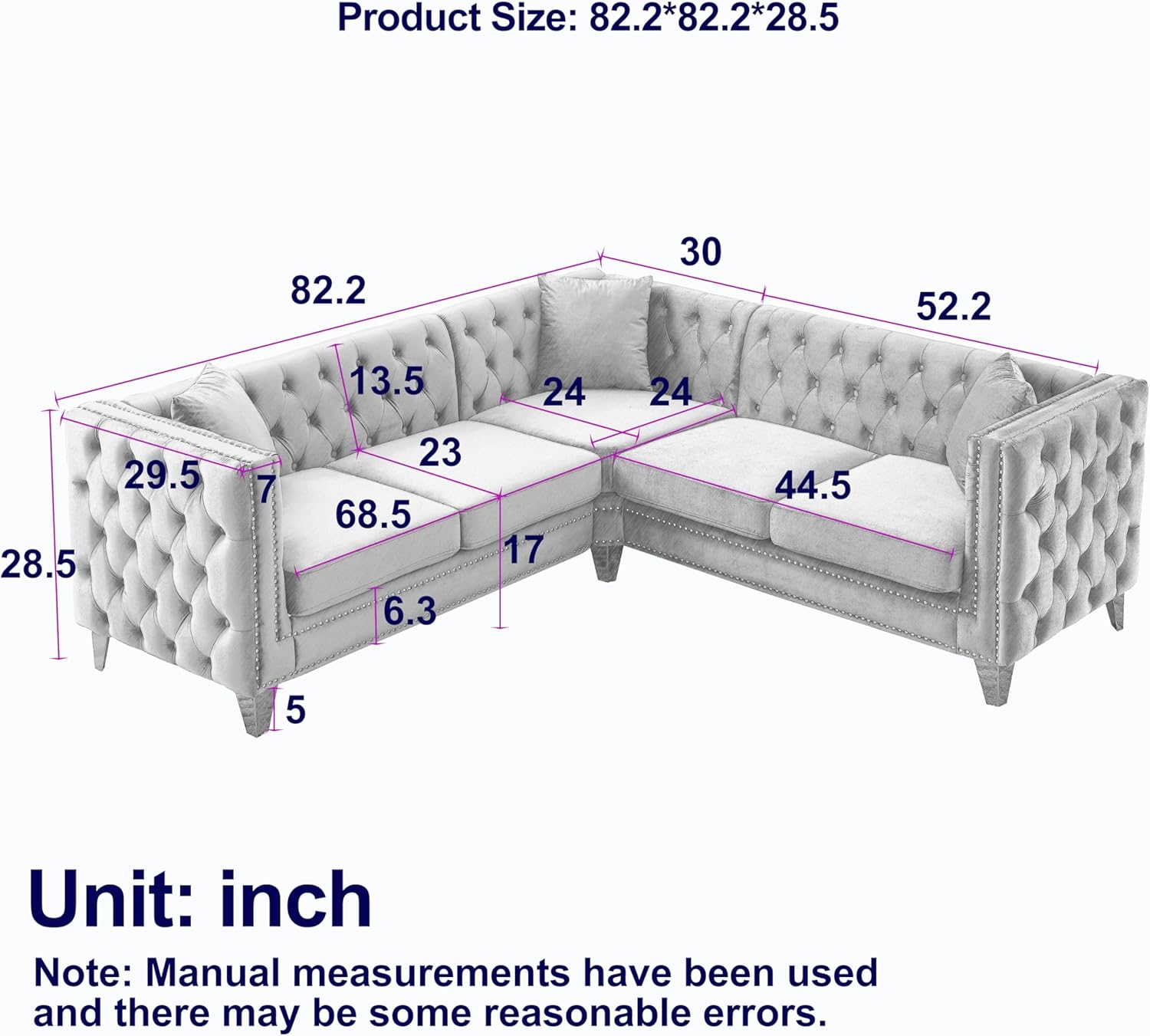 Bellemave L-Shaped Chesterfield Couch with Metal Legs and Nail Heads, Velvet Corner Sofa 5-Seater Sofas with 3 Cushions for Living Room, Bedroom, Apartment, Office(Beige)