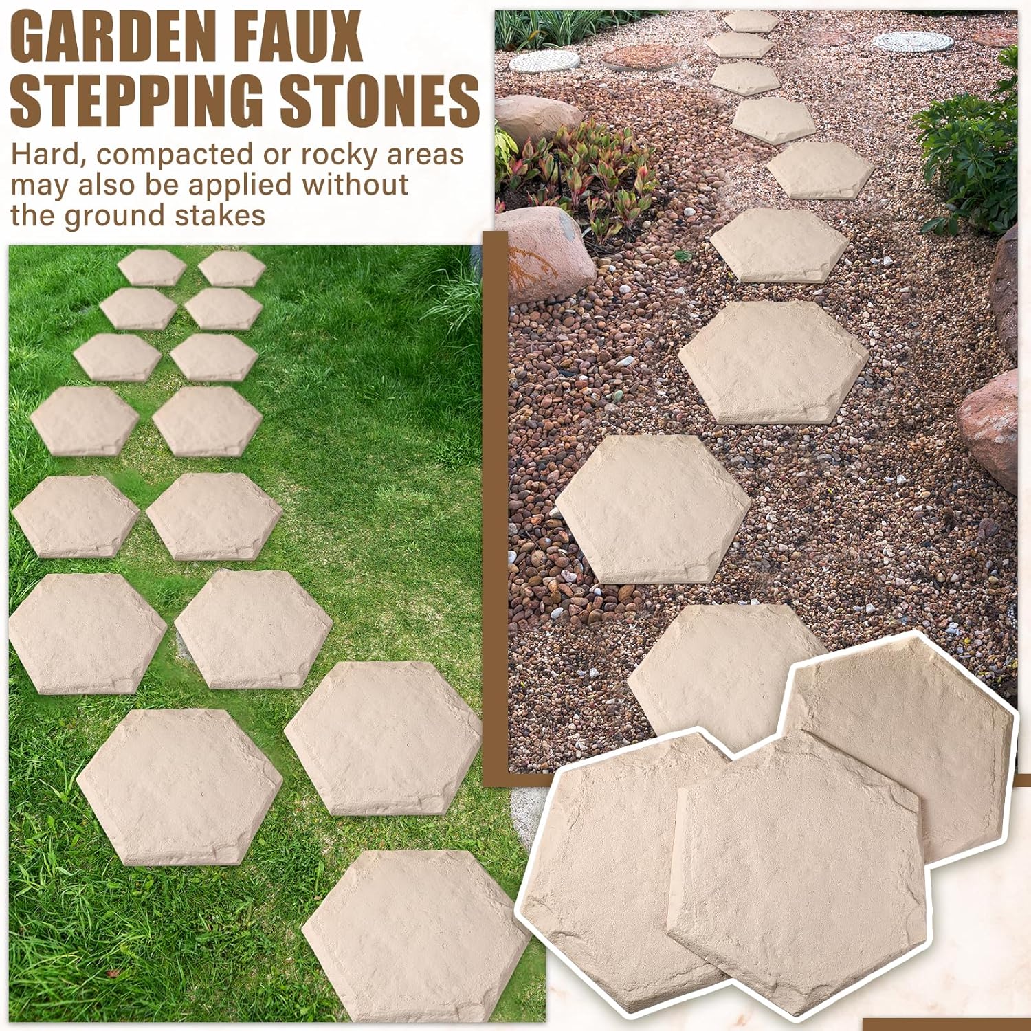 20 Packs 15.5 Inch Stepping Stones Outdoor with Ground Stakes Decorative Step Stones and Pavers Decorative Walkway for Outdoor Pathway Lawn Yard Garden Landscaping Resin Beige Limestone