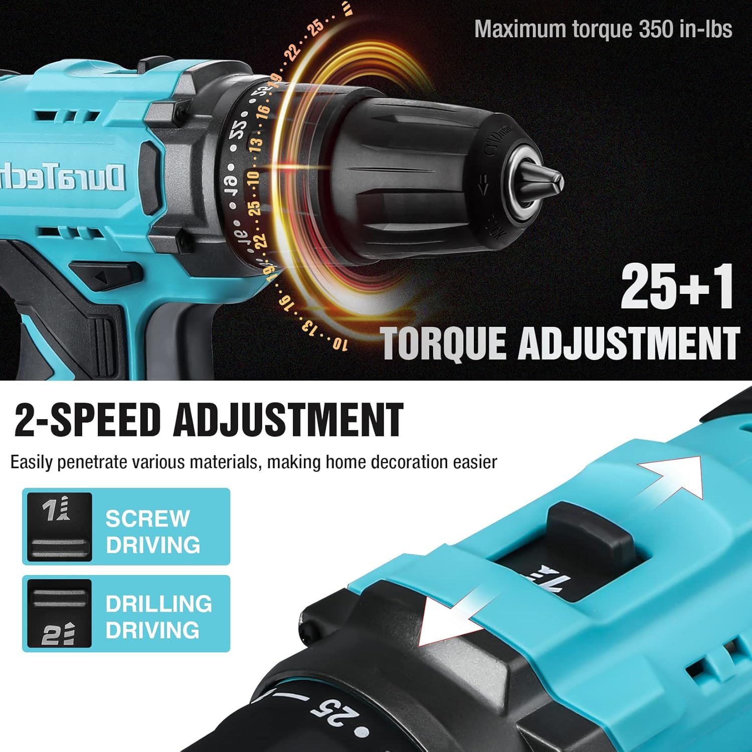 DURATECH 20V Cordless Drill, Electric Power Drill Driver Set with 1/2” Keyless Chuck, Variable Speed, 25+1 Torque Settings, 350 In-lbs Torque and 16pcs Drill Bits, Drill Tools Kit for Home Improvement Pack of 2