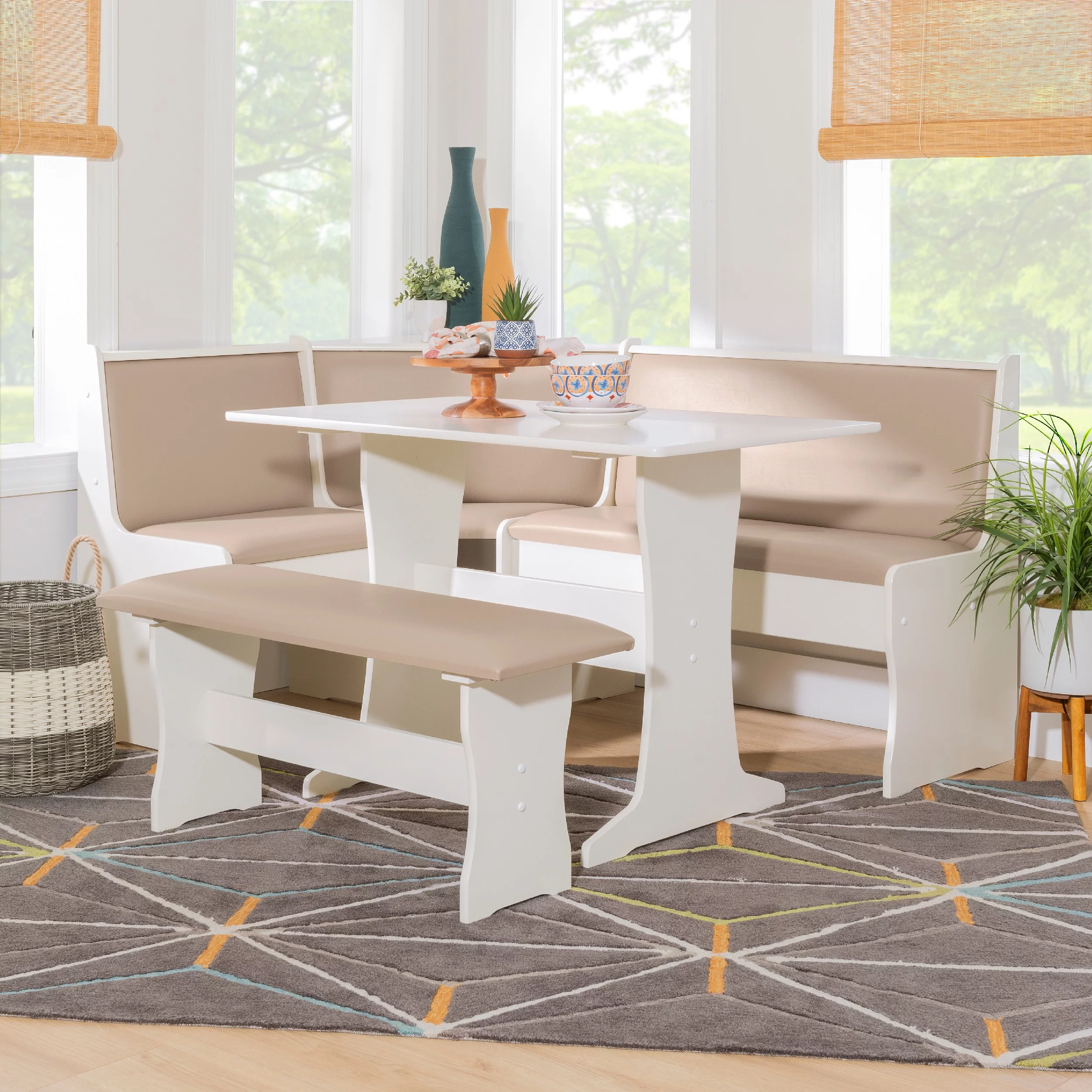 Linon Stella Dining Nook, Table, and Bench Set with Storage, Seats 5, Tan/Tan