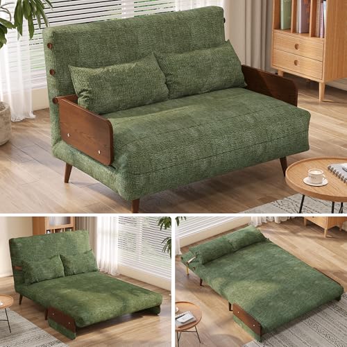 3-in-1 Convertible Chair Bed Sleeper for Adults, Linen Convertable Sleeper Chair with Wooden Arms & Pillows, Foldable Single Futon Sofa Bed (Mid Century with Walnut Arm, 36.6" Wide)