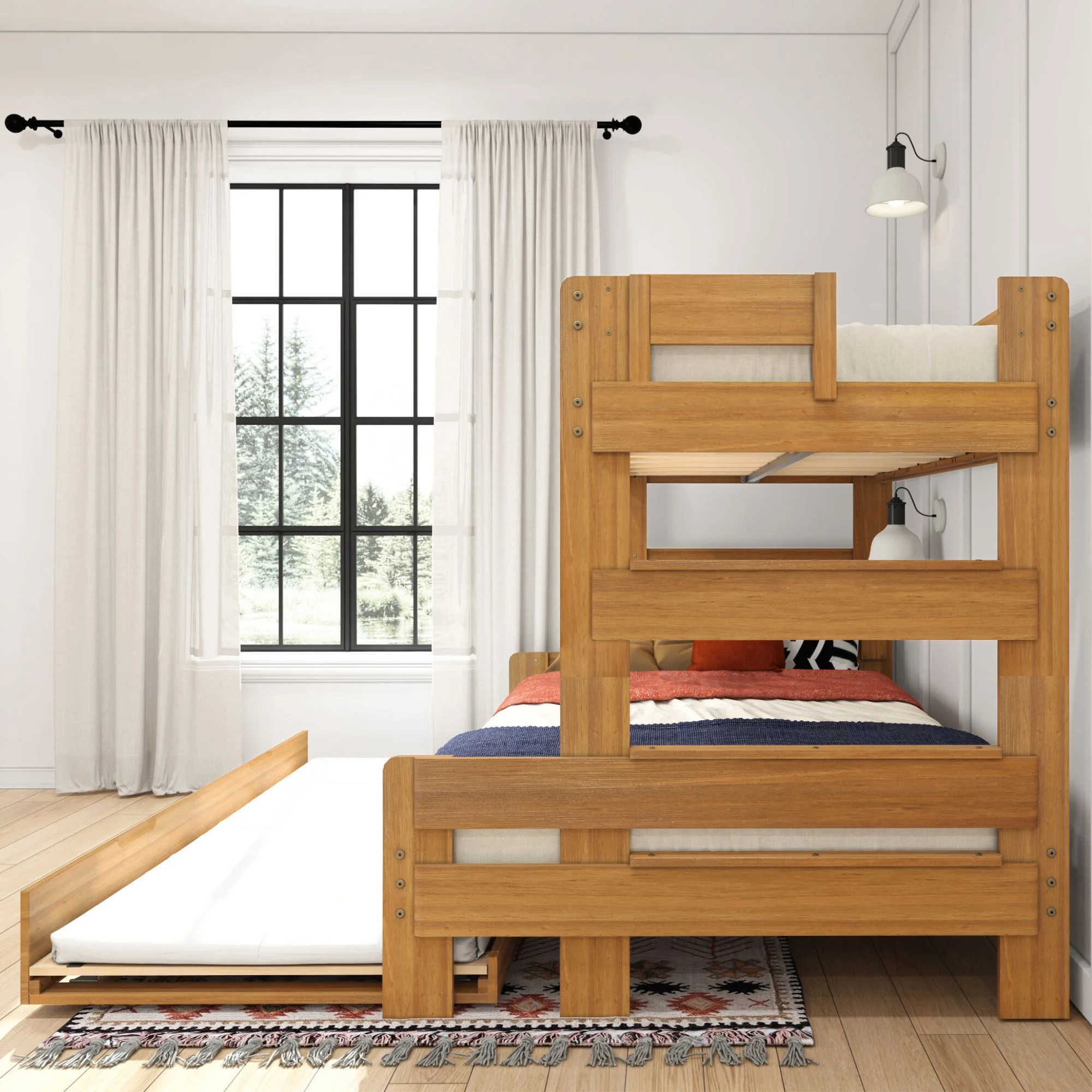Max & Lily Twin Over Full Bunk Bed with Trundle, Modern Farmhouse Wooden Bunk Beds For Kids, Pecan