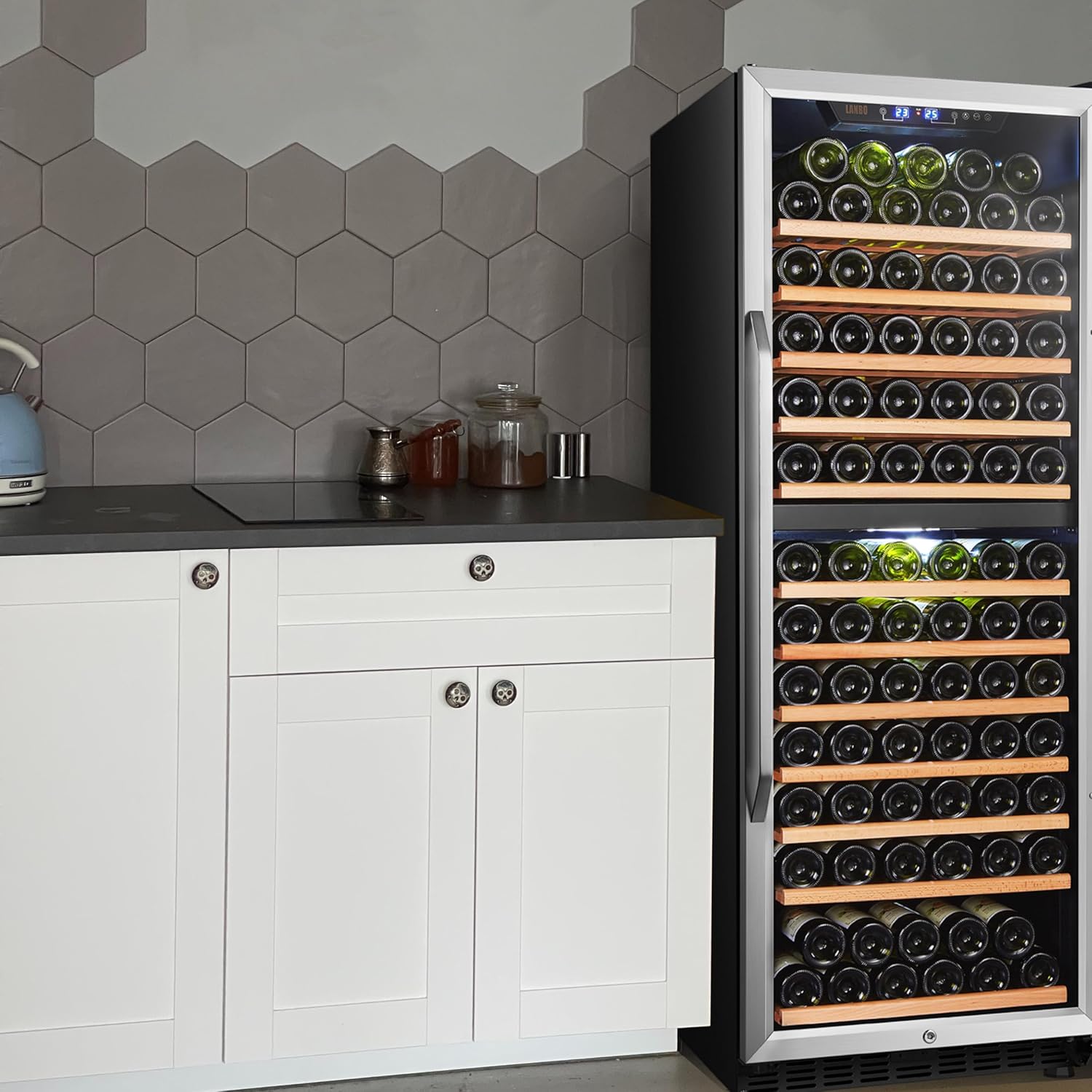 Lanbo Wine Cooler Refrigerator, 24 Inch 141 Bottle Dual Zone Wine Cellar with Safety Lock and Wood Shelves