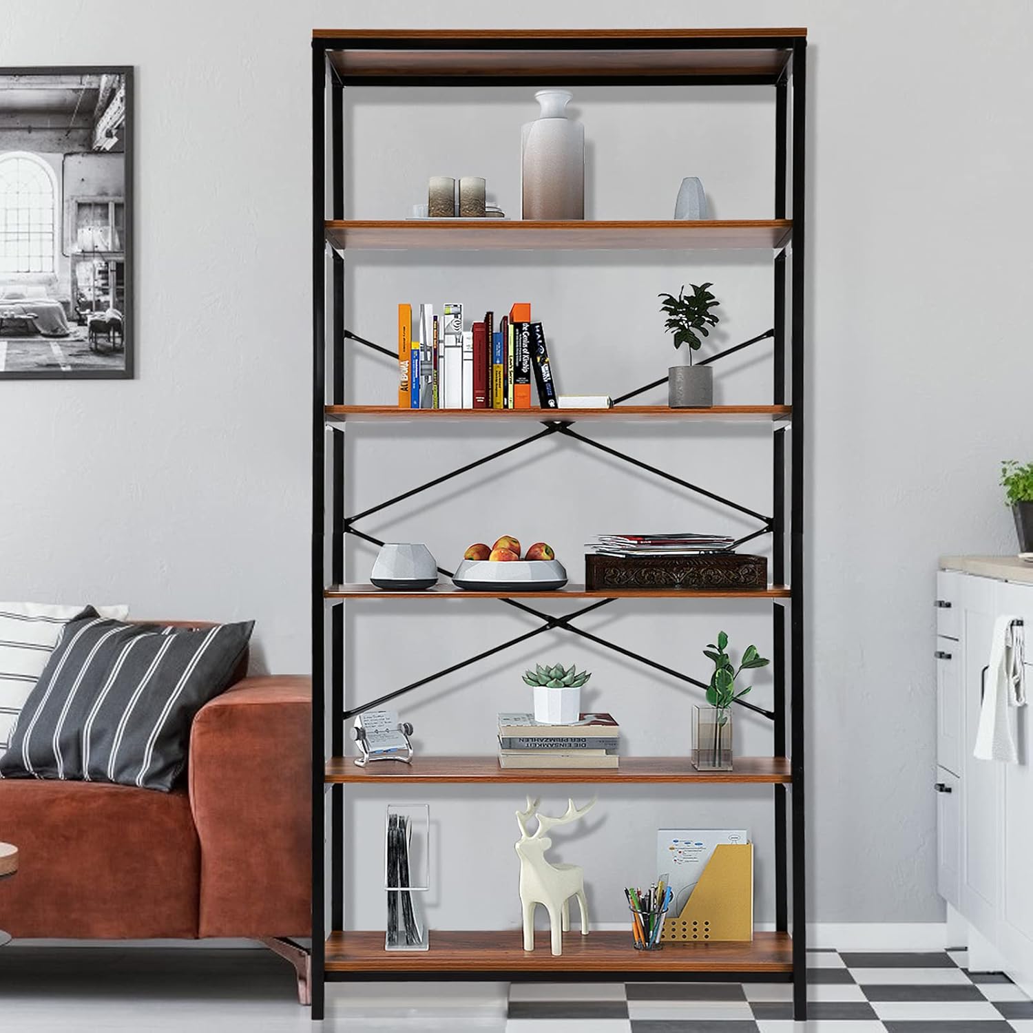 5-Tier Industrial Style Bookshelf and Bookcase, Vintage 5-Shelf Industrial Bookshelf Furniture (US Stock)