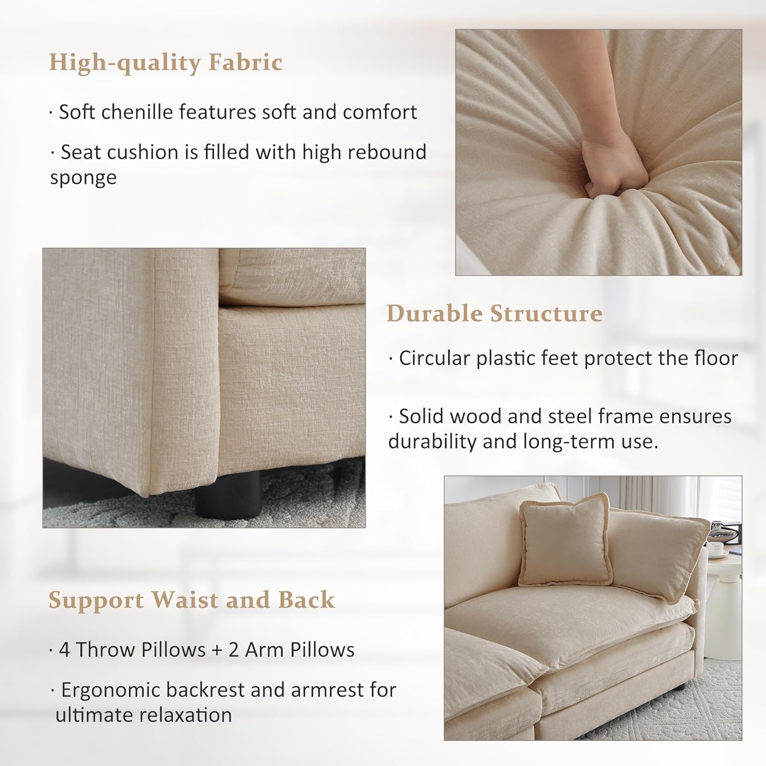 146" Oversized U-Shaped Modular Sectional Sofa Couch for Living Room, Modern Soft Chenille Large Cloud Couch, Comfy Deep Seat with Chaise & Movable Ottomans (Camel, U-shaped 4 Seat)