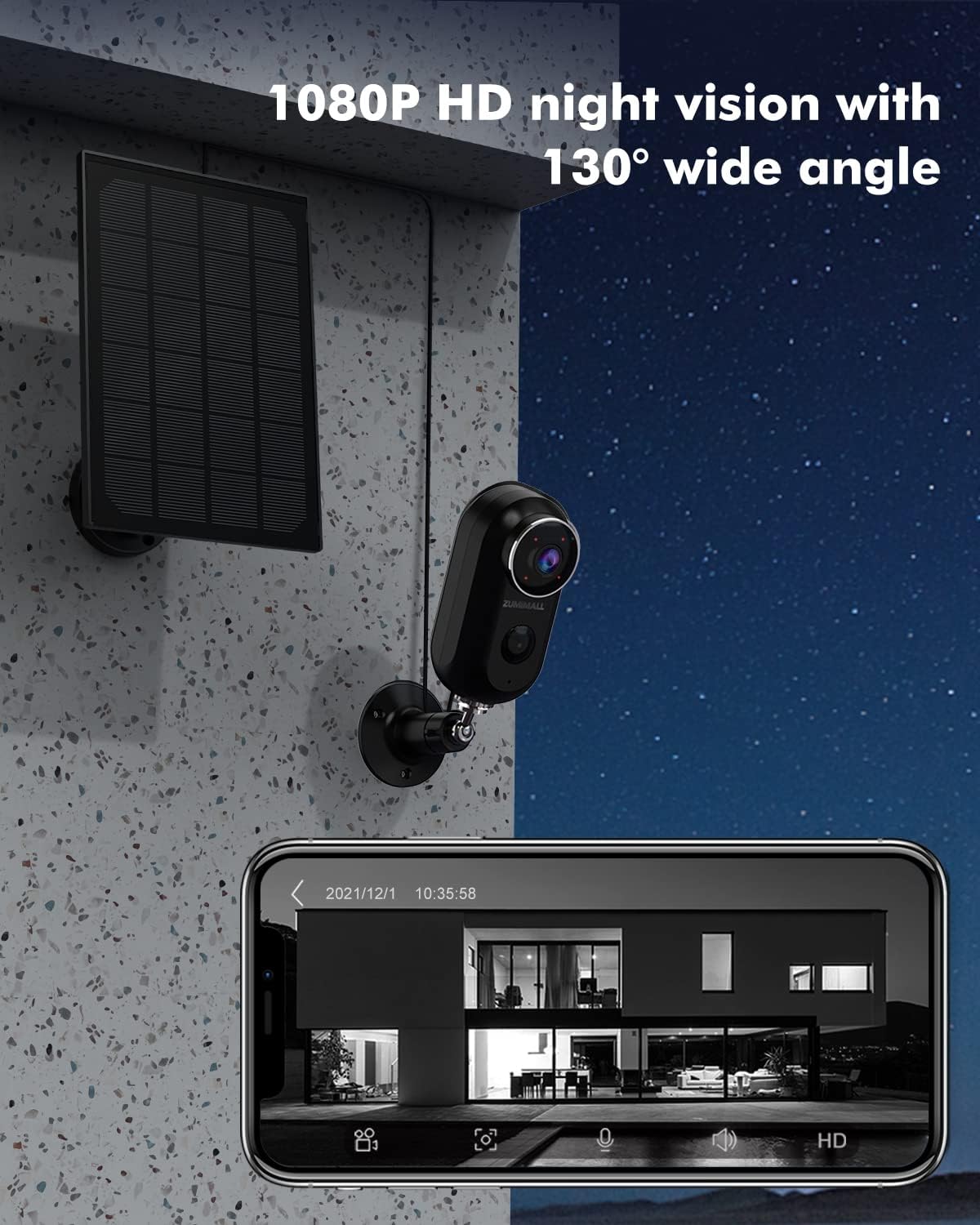 Outdoor Security Camera with Solar Powered, ZUMIMALL Wireless Camera for Home Security & Surveillance, 1080P HD Security Camera with Human Motion Detection, Night Vision, 2-Way Audio, IP66 Waterproof