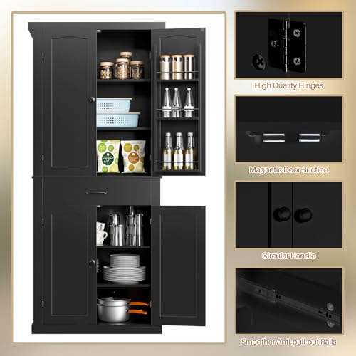 HollyHOME 72" Kitchen Pantry Cabinet, Storage Cabinet with 4 Doors and 1 Drawer, Freestanding Cupboard with Adjustable Shelves and 6 Door Shelves for Kitchen, Dining Room, Living Room, White