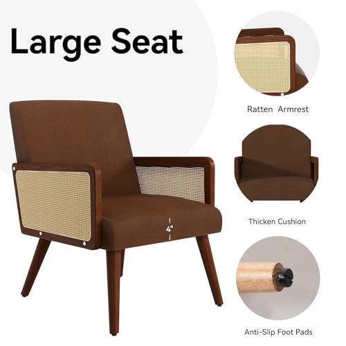 Rattan Accent Chair, Linen Fabric Upholstered Armchair with Wood Legs, Mid Century Modern Reading Comfy Lounge Chair with Spring Support, for Living Room Bedroom,Yellow Green
